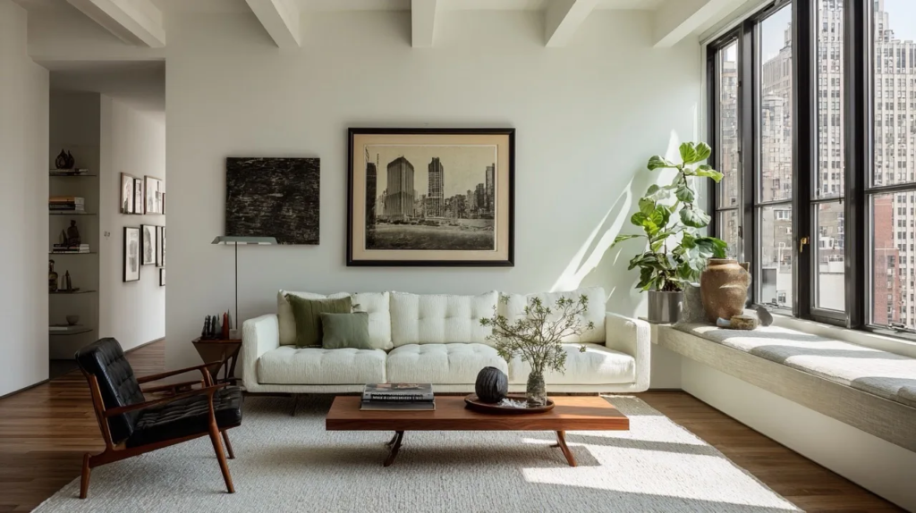 A clean and organized minimalist living room with simple furniture, natural light, indoor plants, and clutter-free home décor.